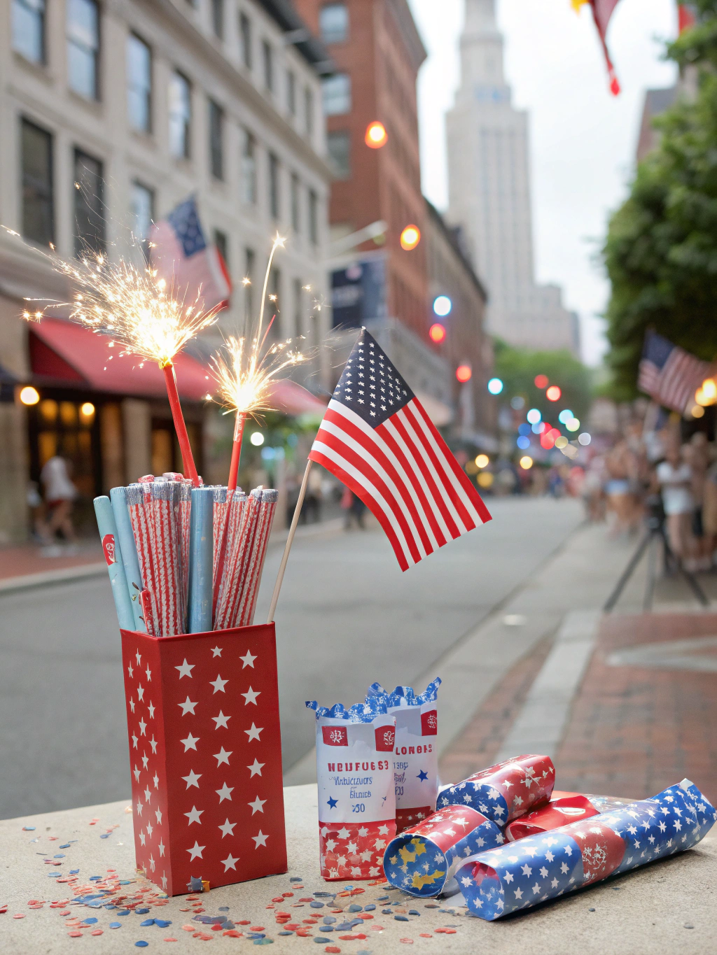 Array of craft supplies for 4th of July DIY party favors including paper, ribbons, and glue.