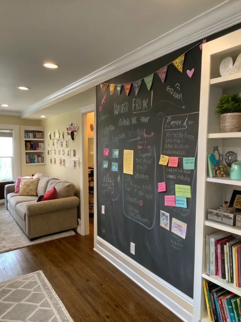 Child drawing on a chalkboard wall in a modern kitchen, illustrating DIY home decor ideas in New York.