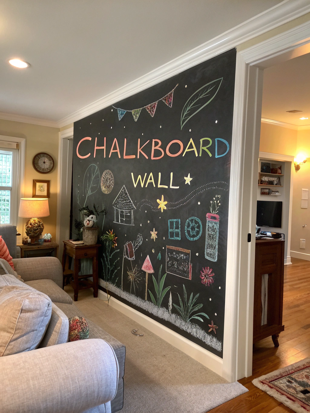 A stunning final result of a DIY chalkboard wall in a kitchen, beautifully decorated with chalk art, quotes, and a weekly menu.