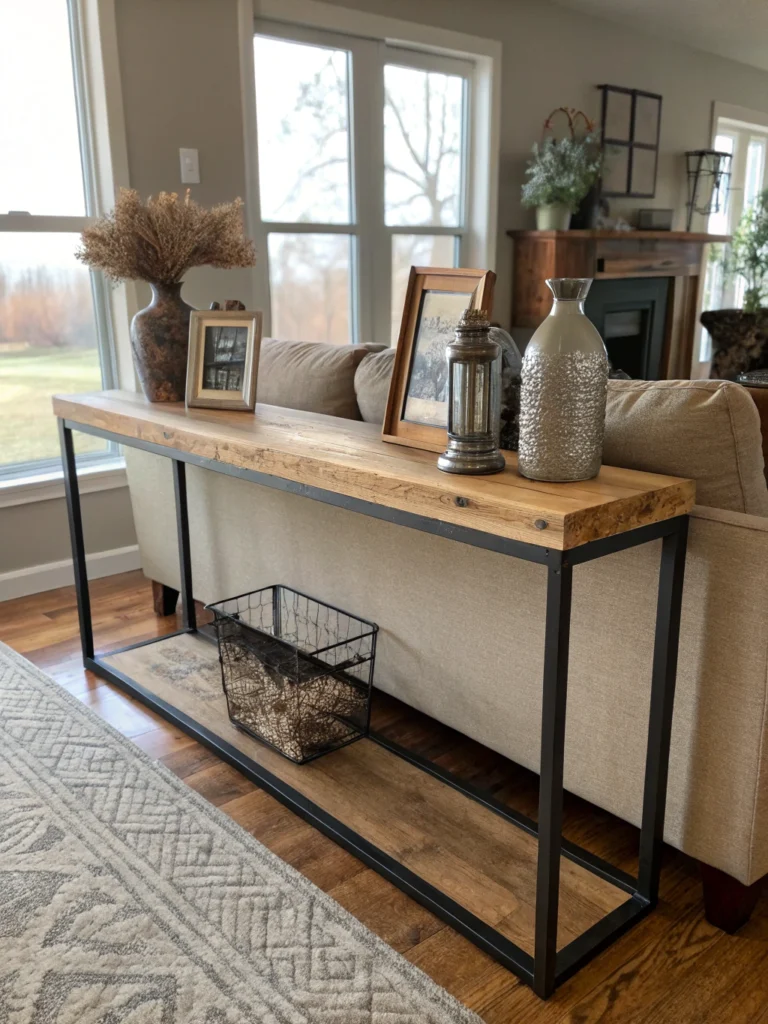 DIY console table with tools and materials, showcasing step-by-step guide in Chicago home improvement project.
