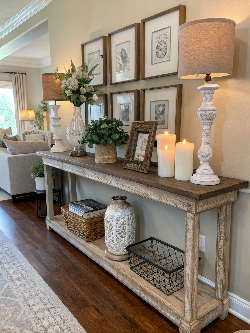 The stunning final result: a beautifully built and styled DIY console table in a home setting.
