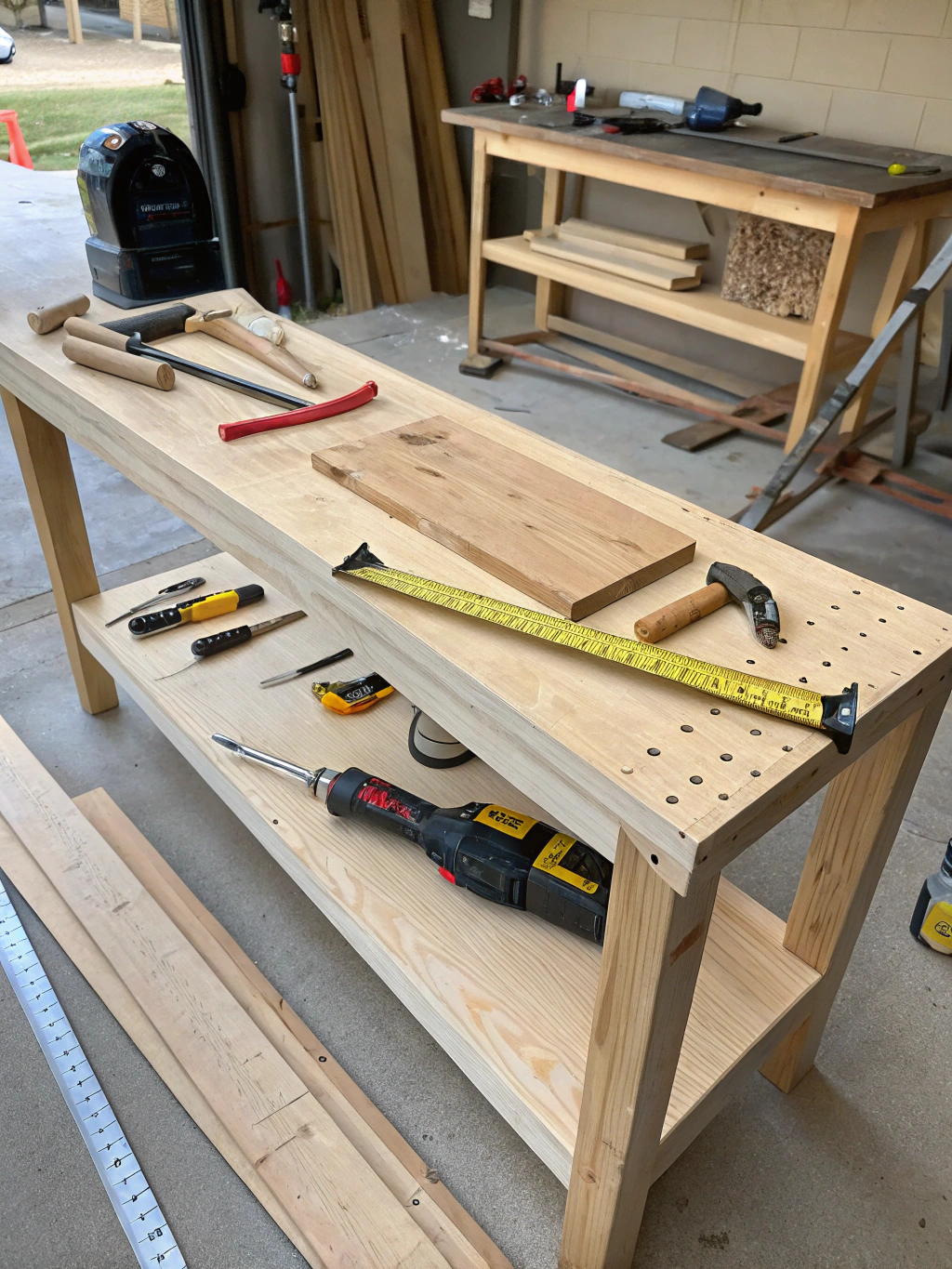 Step 1 of building your DIY console table: carefully measuring and cutting lumber to the specified dimensions.