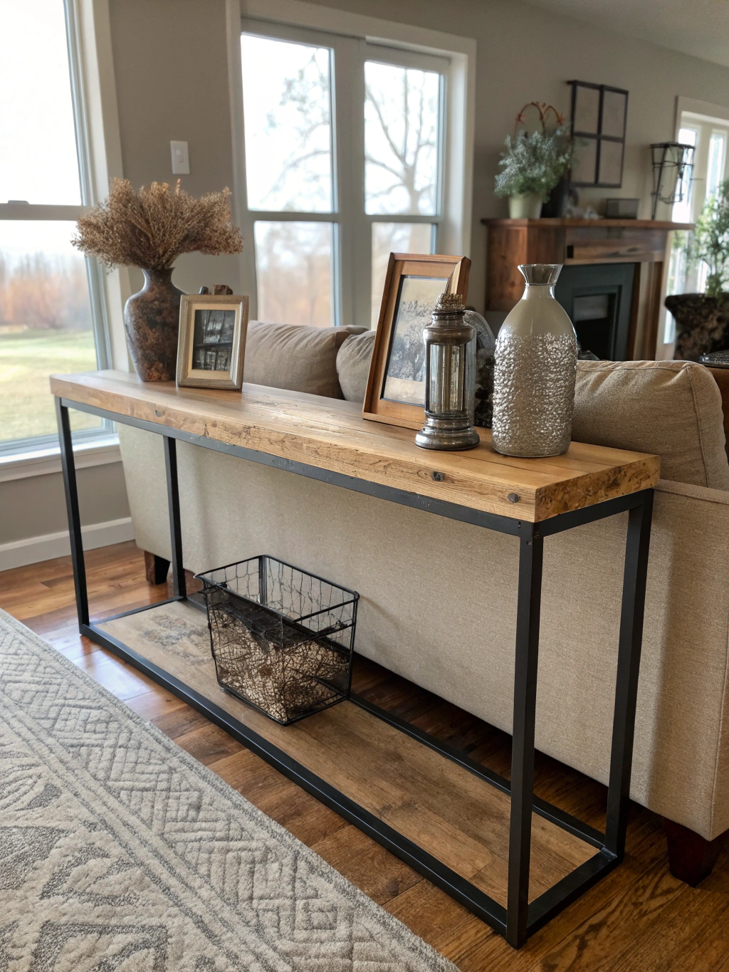 A beautifully crafted DIY console table styled in a home entryway.
