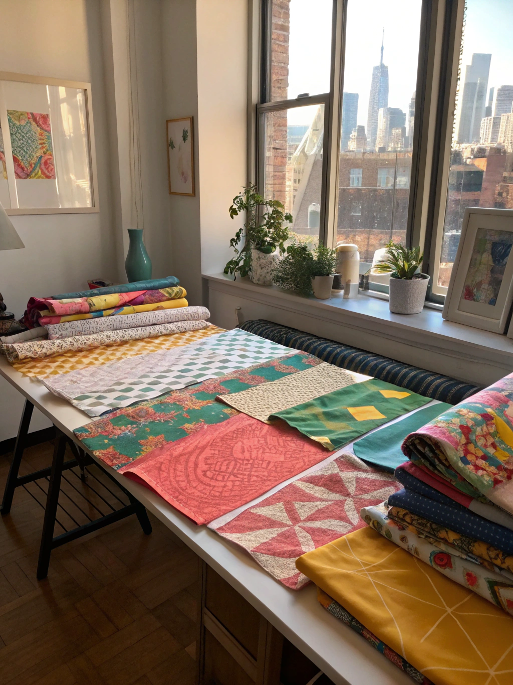 A flat lay of common materials for DIY fabric wall art: fabric scraps, scissors, staple gun, canvas frame, glue.