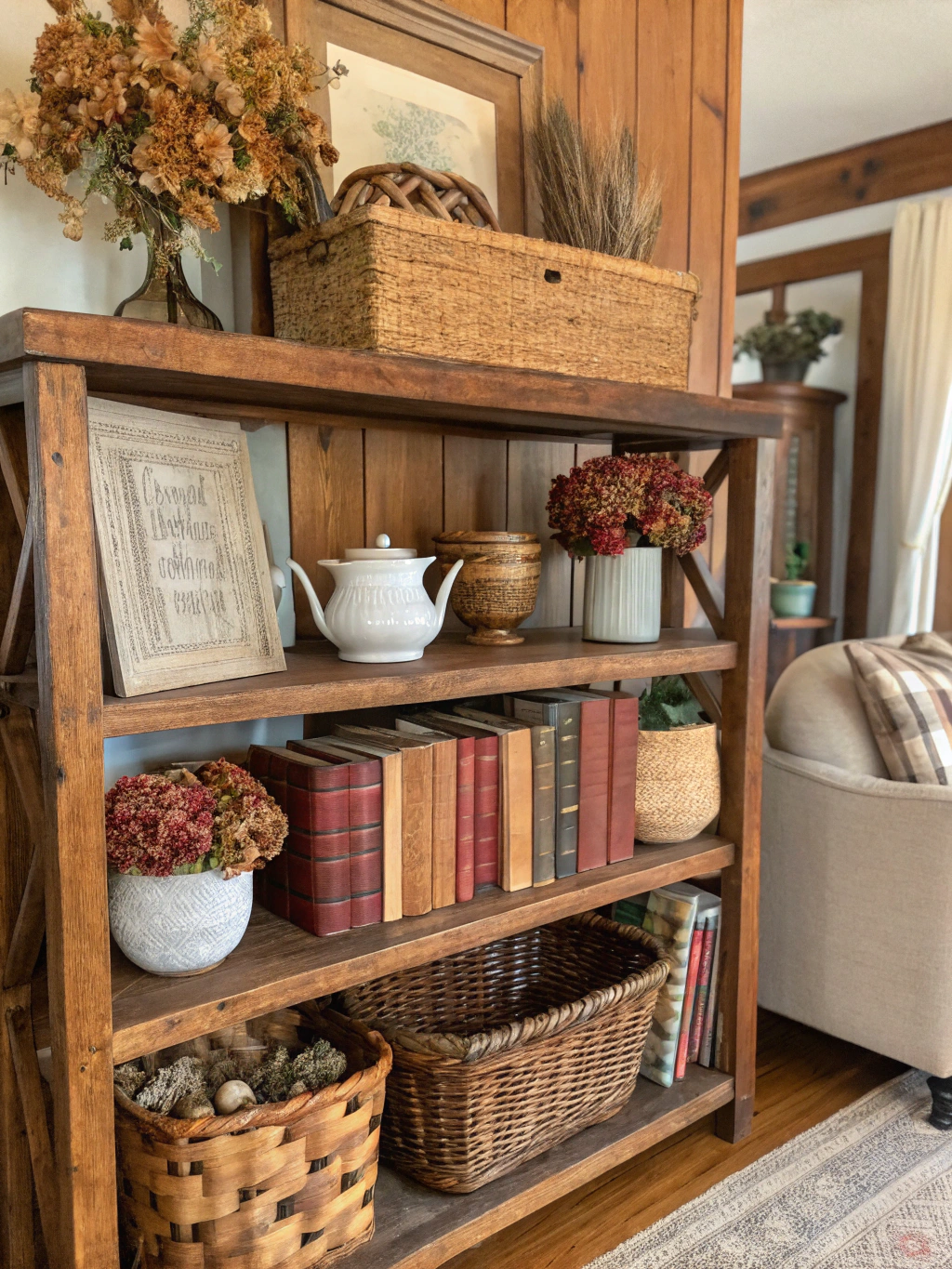 The final result: a beautifully styled DIY farmhouse shelf adding charm to a room.