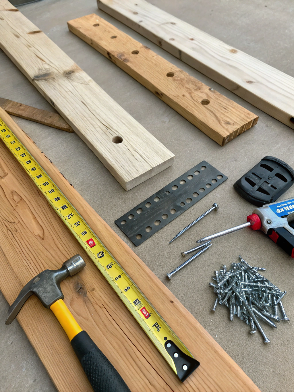 Materials and tools needed for the DIY farmhouse shelf project laid out neatly.