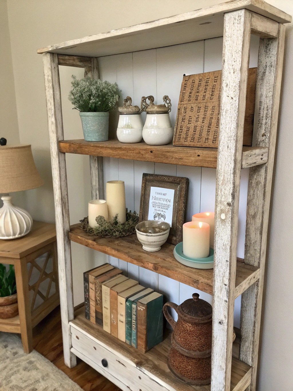 DIY farmhouse shelf with decorative items, enhancing cozy home space. Perfect for rustic interior design ideas in your home.