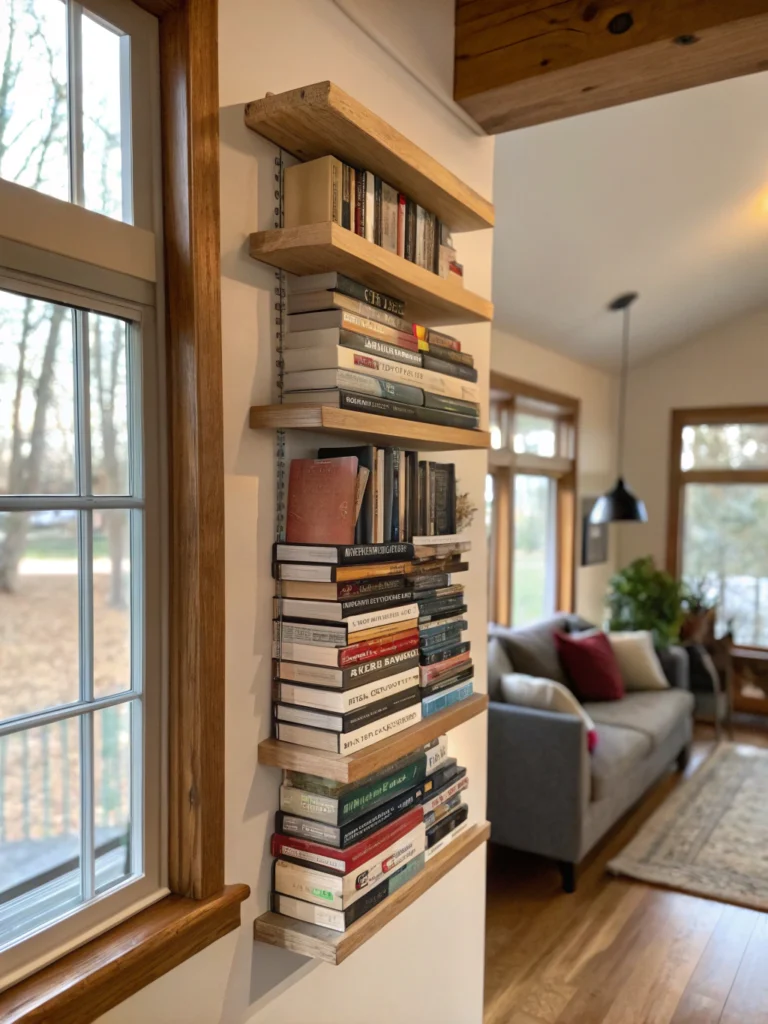 DIY floating bookshelf creation guide with tools and materials laid out neatly on a wooden workspace.