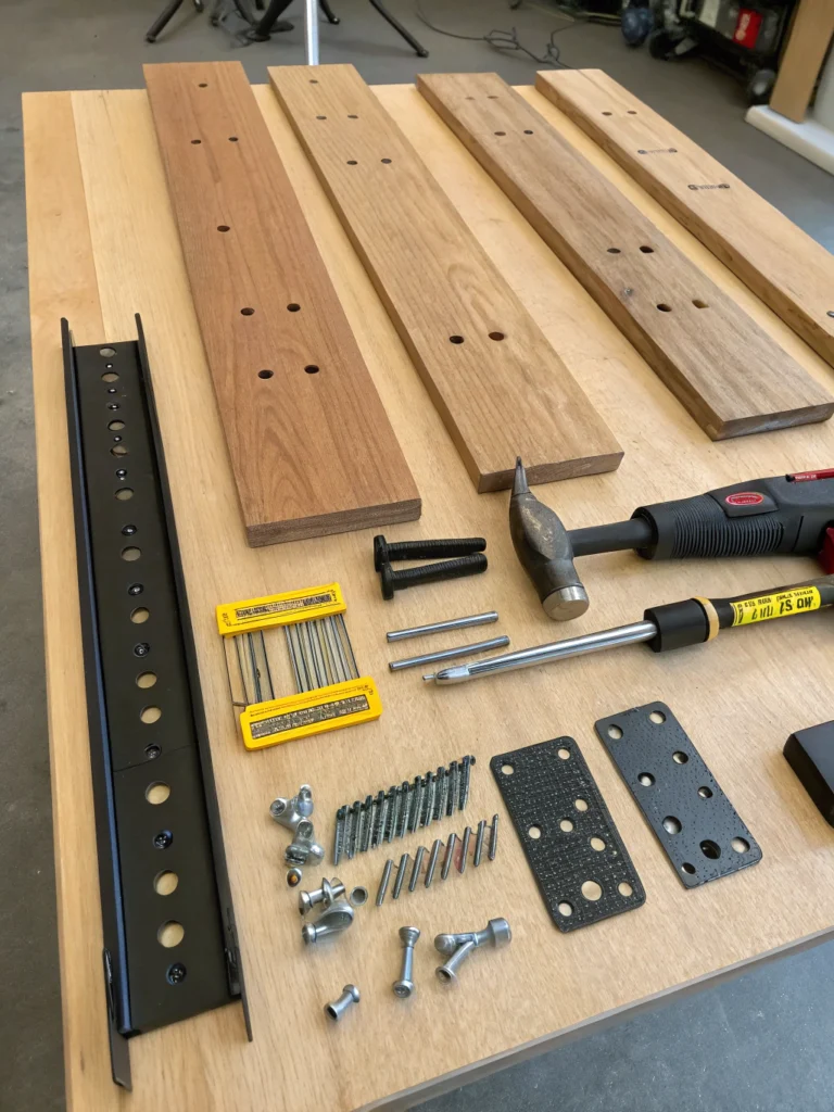 How to Create a Stunning DIY Floating Bookshelf in 5 Steps 1 DIY Floating Bookshelf materials, including wood planks, brackets, screws, and tools for a home improvement project. ifryy.com