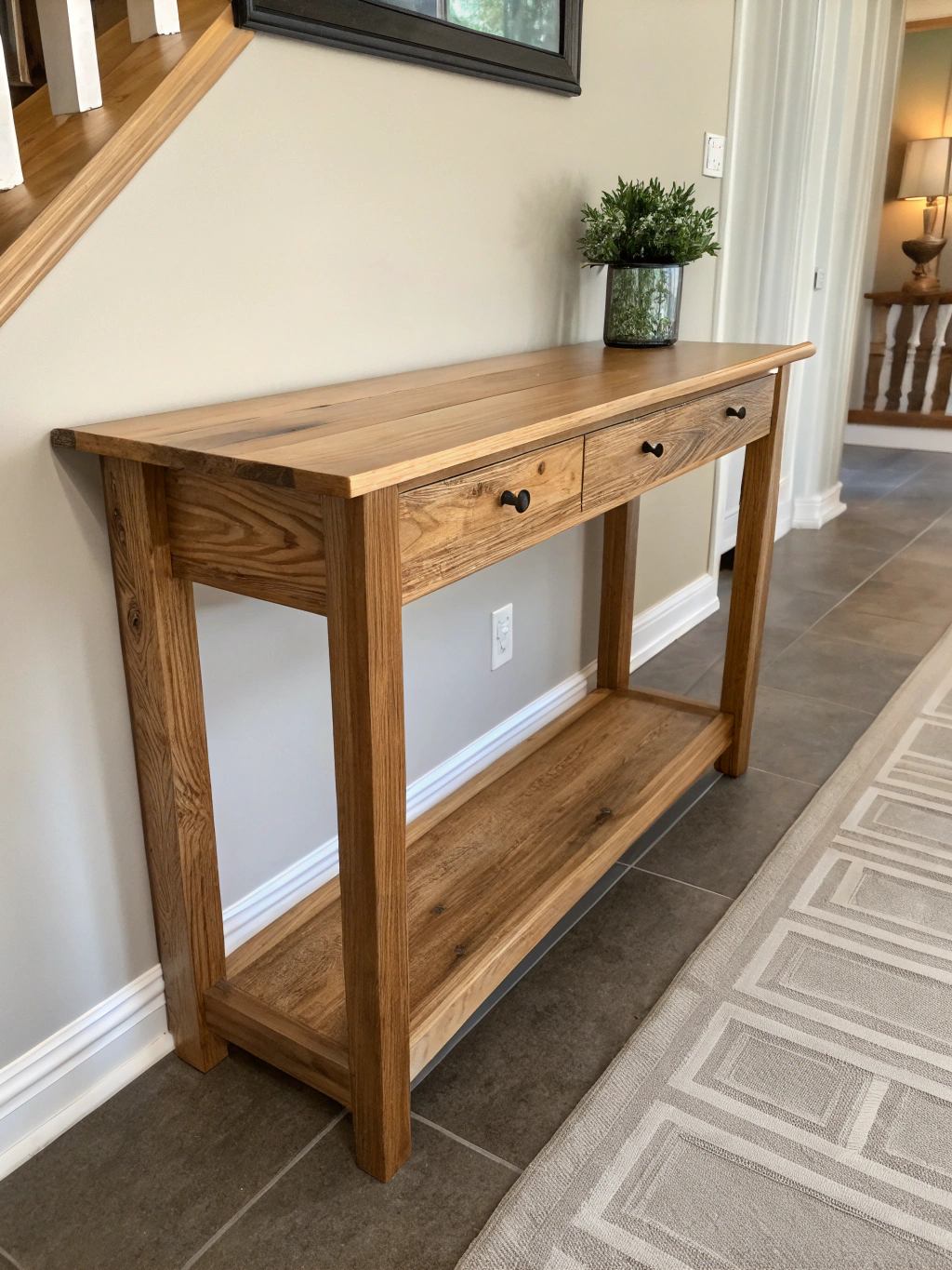 The completed DIY hallway table, styled in an entryway.