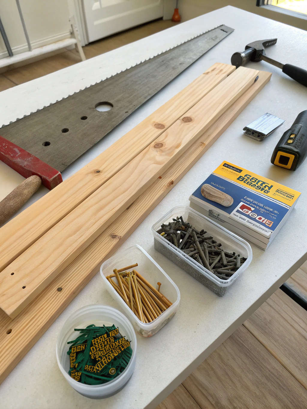 Assorted tools and wood pieces for building a DIY hallway table.
