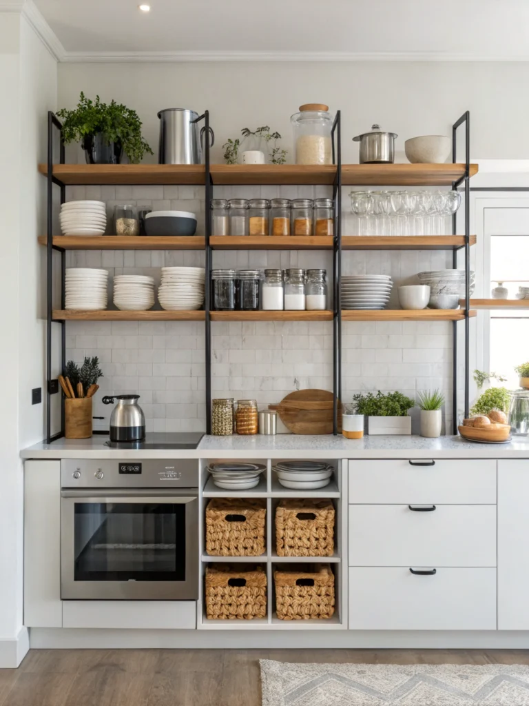 DIY open shelving kitchen with wooden shelves holding plates and bowls against a white wall, enhancing kitchen space.