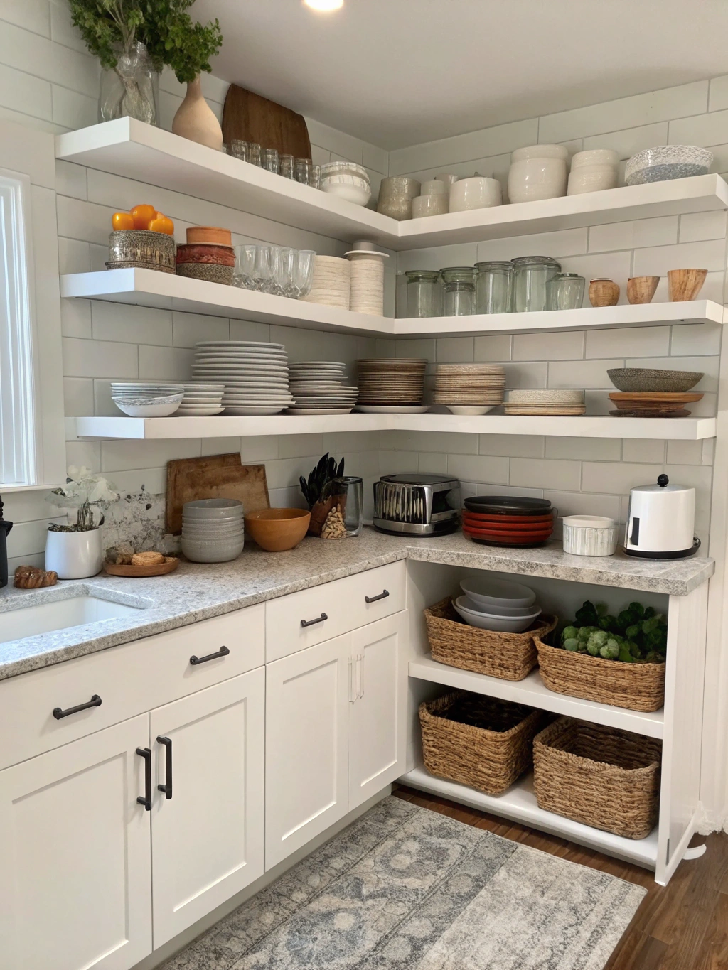 A beautifully styled DIY open shelving kitchen, showcasing the completed project with dishes and decor.