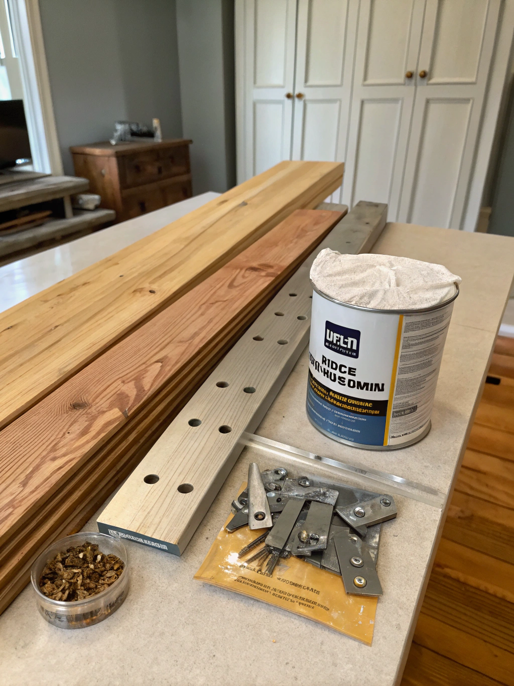 A collection of tools and materials for a DIY open shelving kitchen project, neatly arranged.