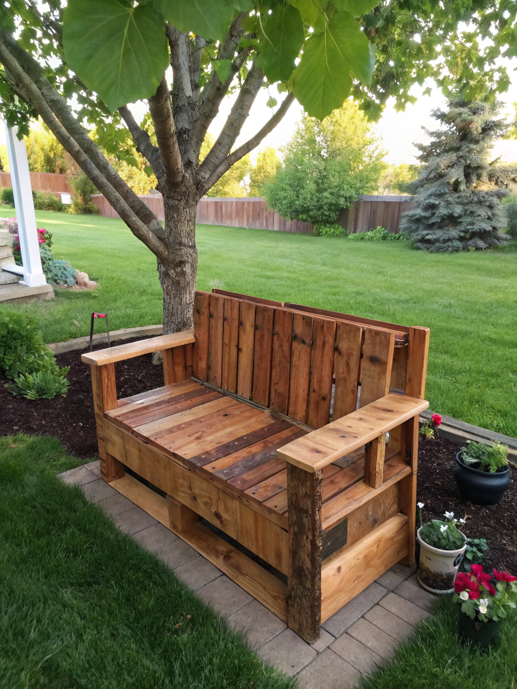A stylish [DIY pallet wood bench](https://www.fixdiy.site/home-decor/) in a garden setting, showcasing a completed project.