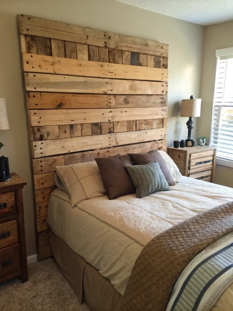 DIY Pallet Wood Headboard with Tools in Cozy Bedroom Decor