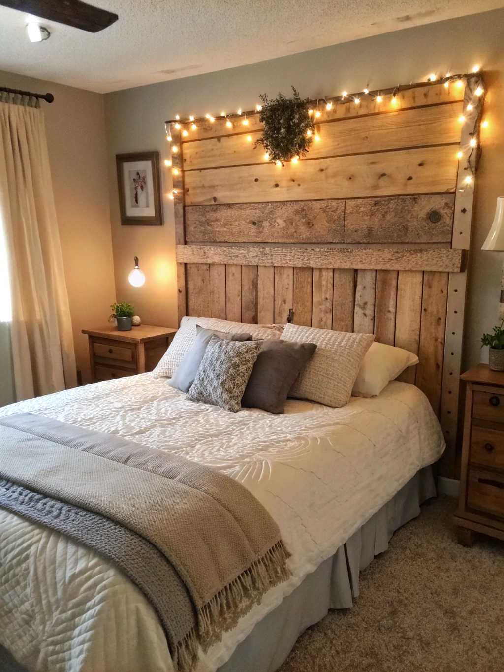 A beautifully finished DIY pallet wood headboard installed in a bedroom, showcasing its rustic charm.