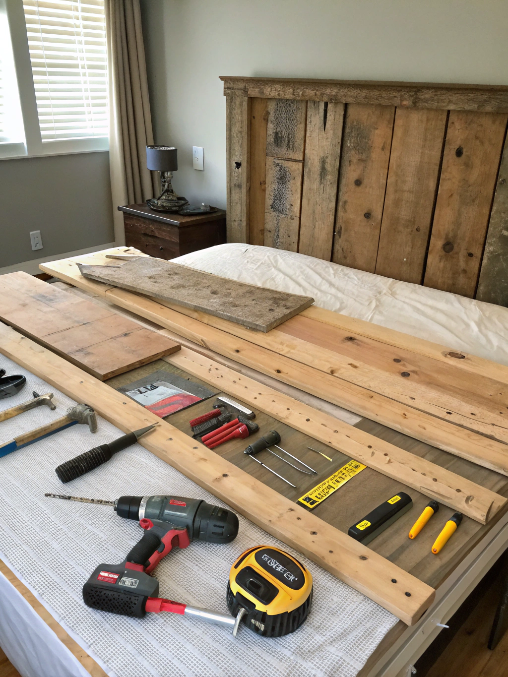 A collection of tools and materials needed for a DIY pallet wood headboard project, including pallets, a saw, drill, sandpaper, screws, wood stain, and safety gear.