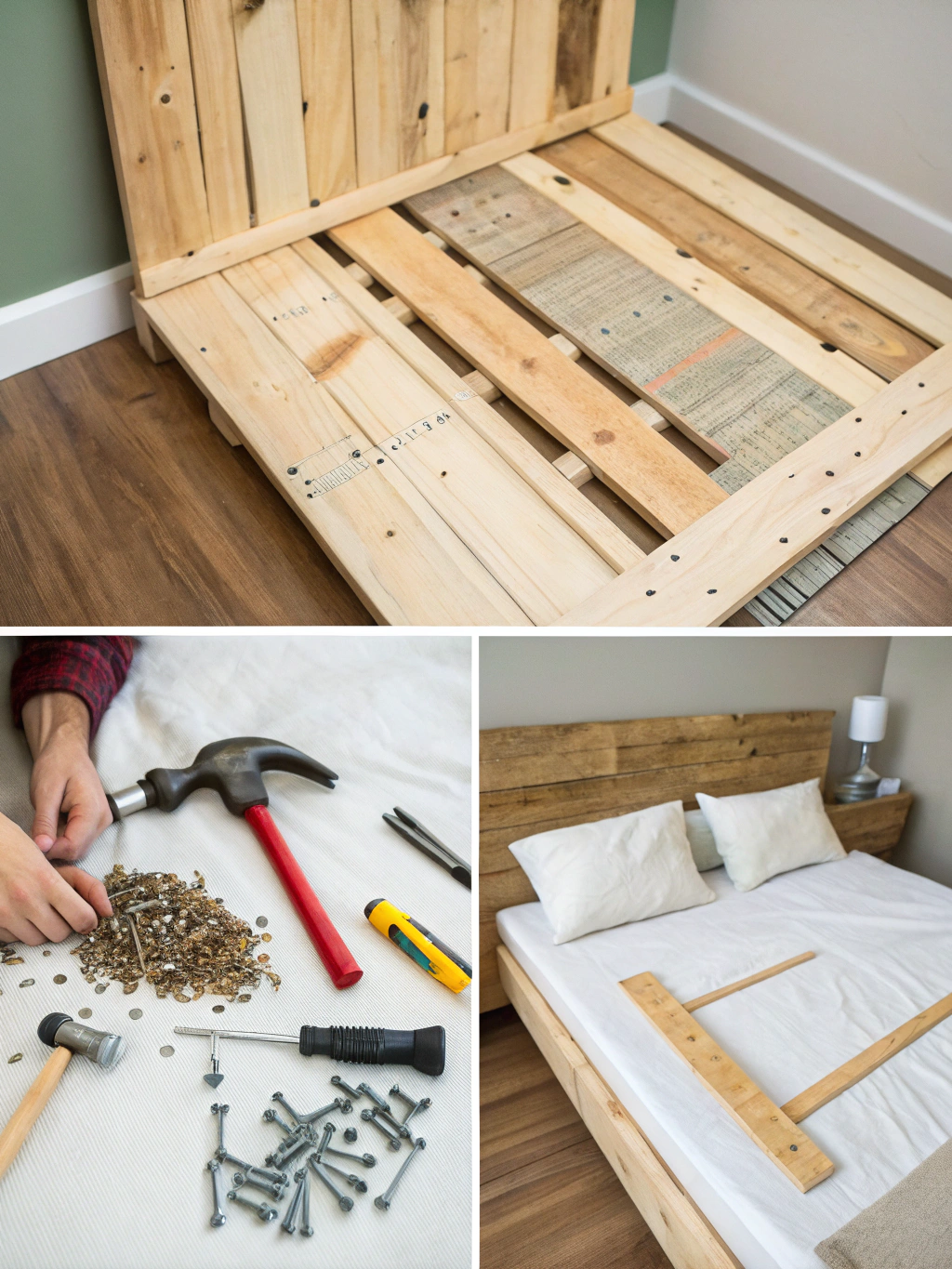 A disassembled pallet with loose planks ready for cleaning and sanding for a DIY pallet wood headboard.