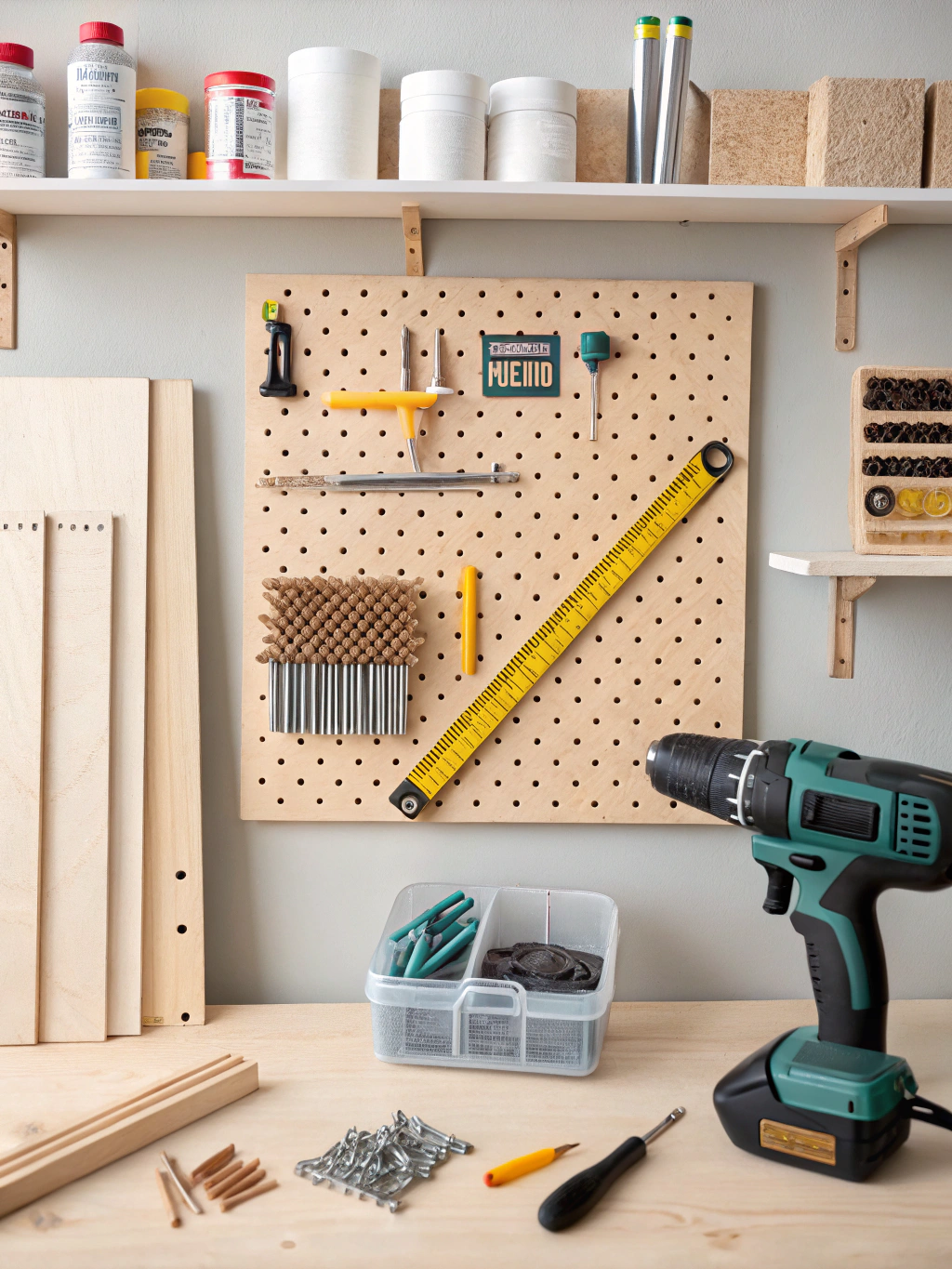 Materials and tools needed for a DIY pegboard wall organizer, including pegboard, wood strips, screws, and a drill.
