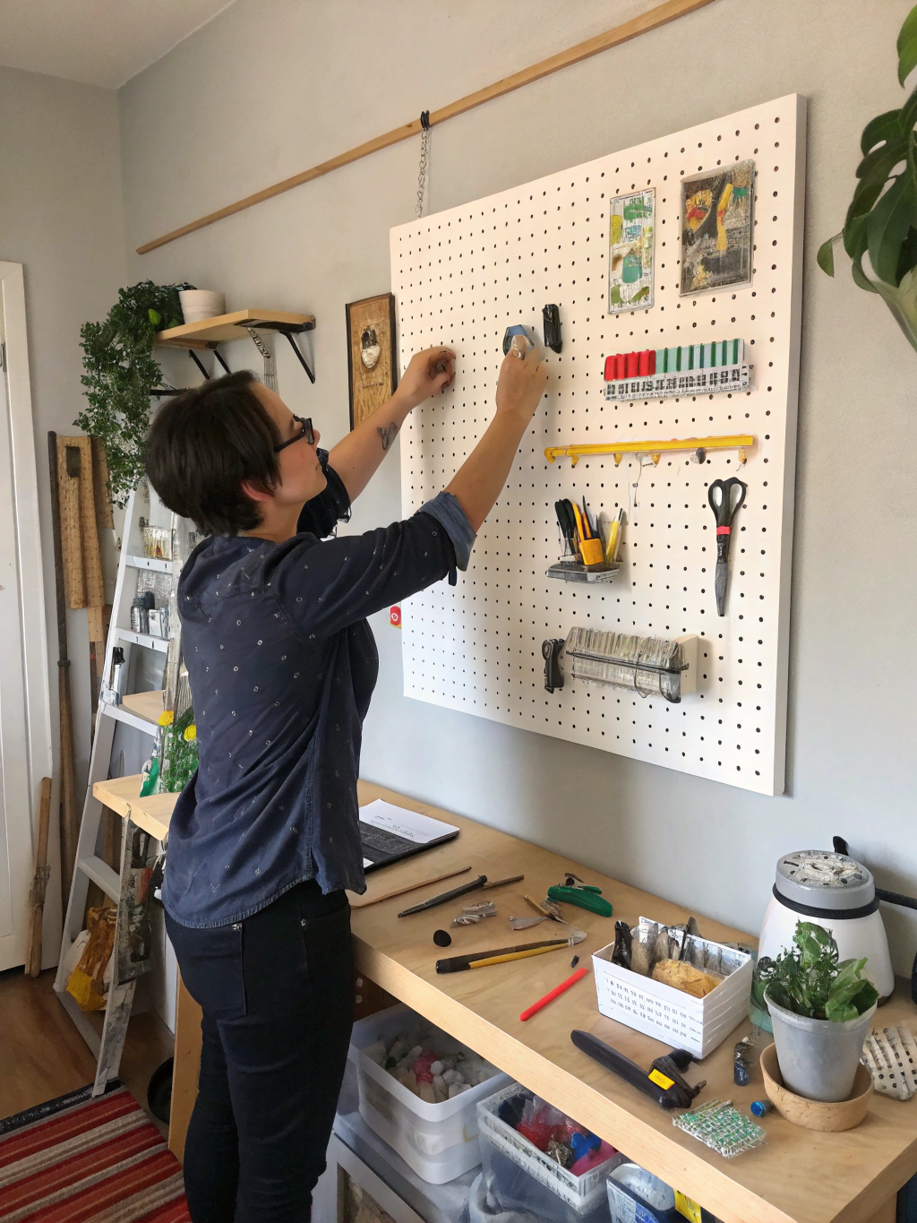 Step 5 in DIY pegboard wall organizer: Drilling the pegboard frame into wall studs for a secure mount.