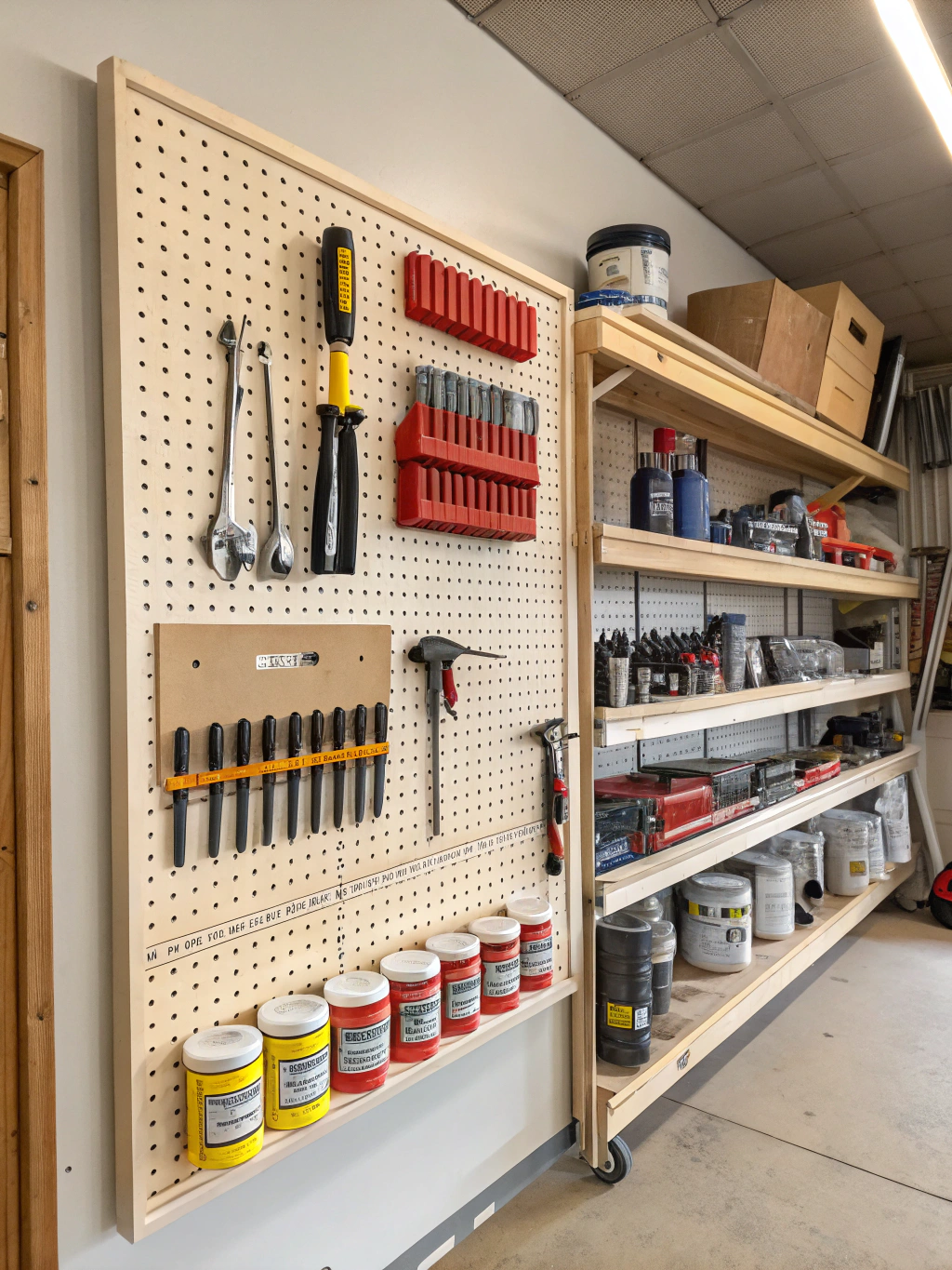 A beautifully organized craft room featuring a DIY pegboard wall organizer with colorful tools and supplies.