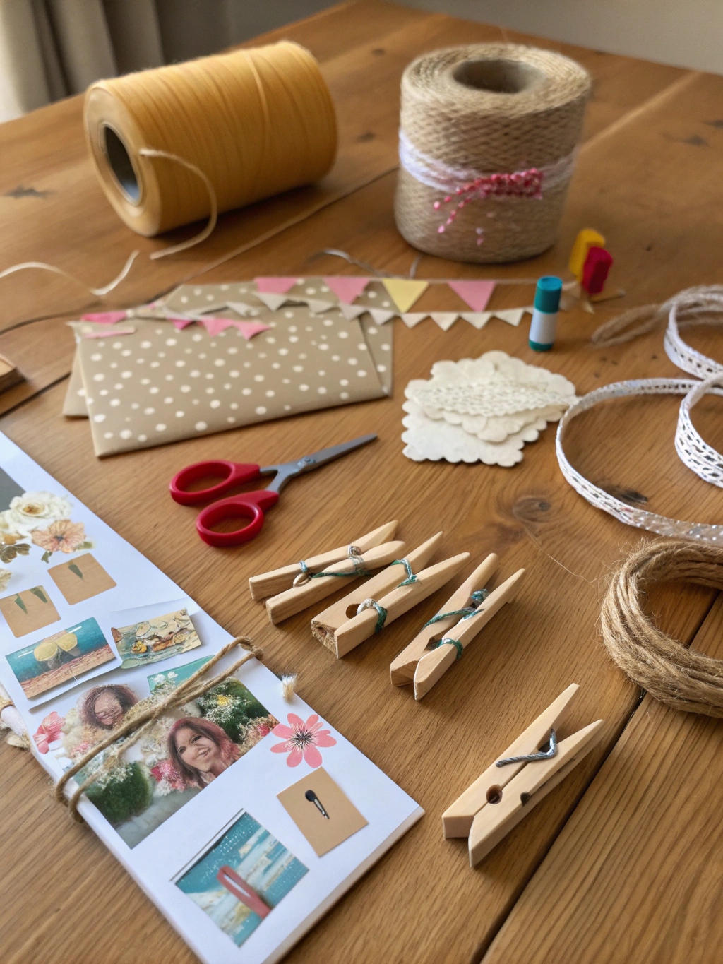 An assortment of DIY photo display string materials including twine, mini clothespins, scissors, fairy lights, and printed photos laid out on a wooden table.