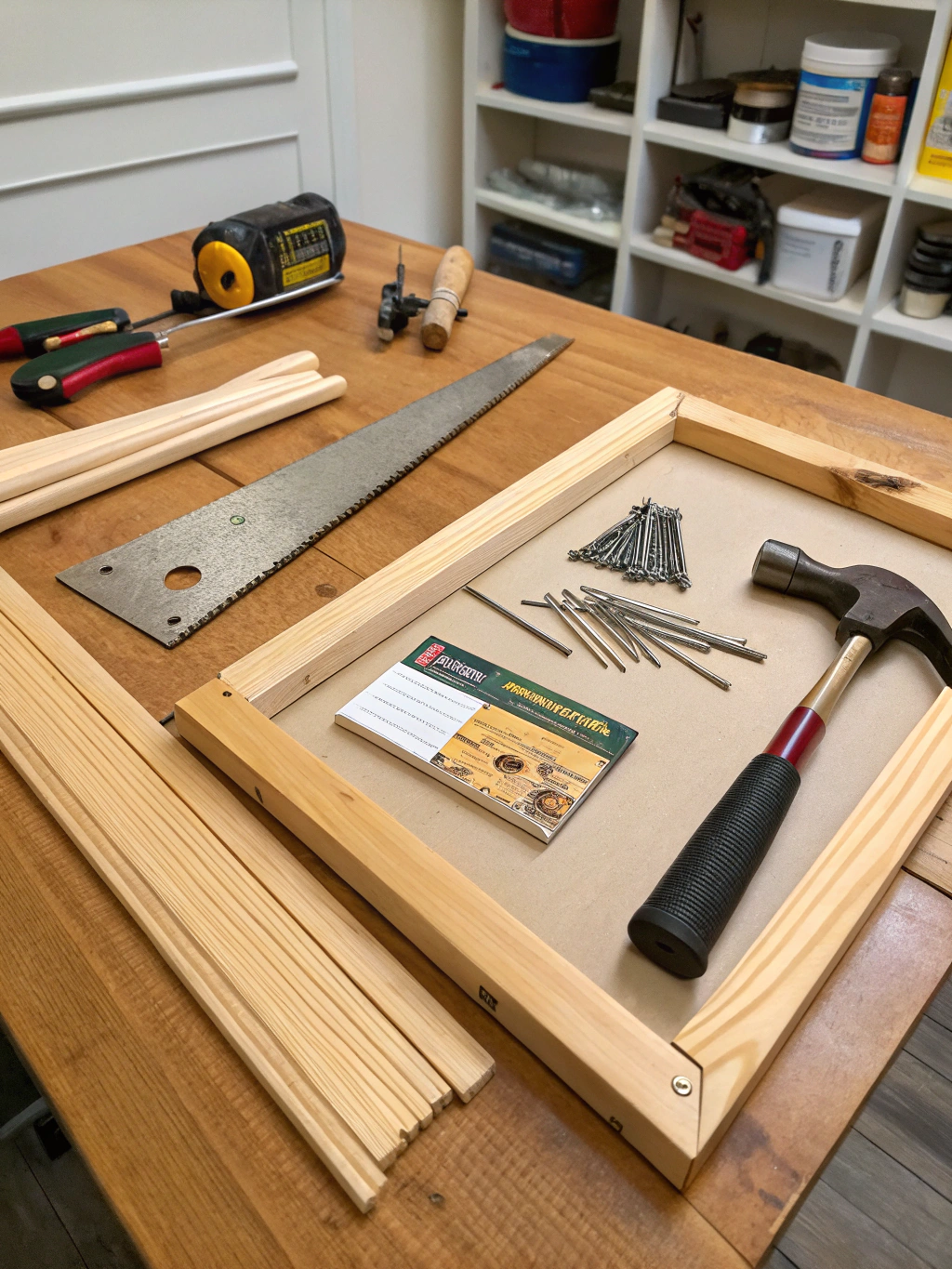An assortment of tools and materials for DIY picture frame molding, including molding, a miter box, saw, measuring tape, wood glue, nails, and a hammer, neatly arranged on a workbench.