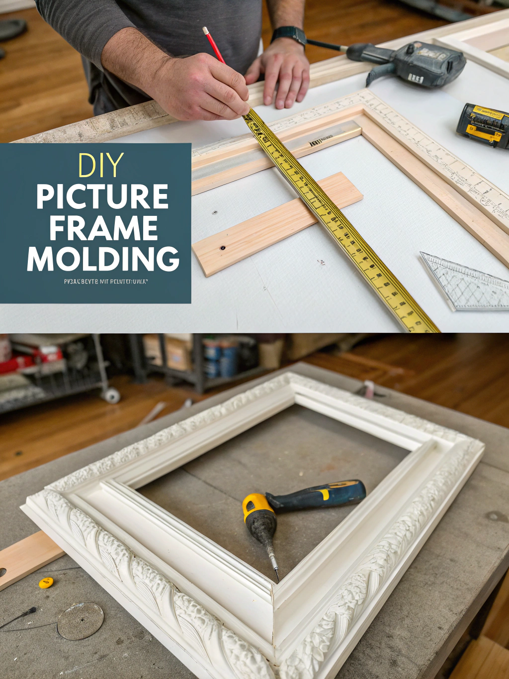 A person carefully measuring a piece of artwork with a tape measure on a workbench, with a piece of molding nearby, illustrating the planning phase of DIY picture frame molding.