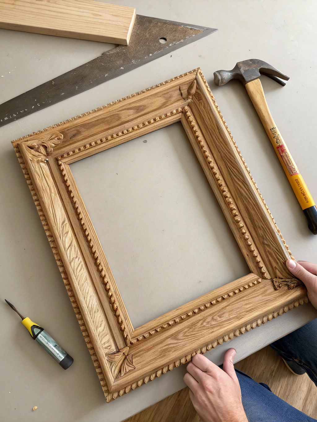 A beautifully crafted DIY picture frame molding hanging on a wall, showcasing a family photo.