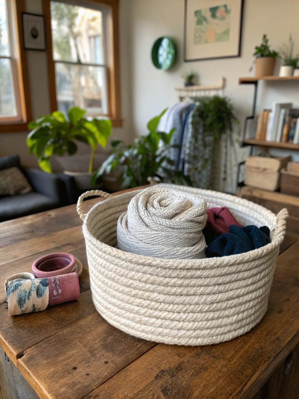 The final DIY rope basket from old clothes, filled with items or displayed decoratively.