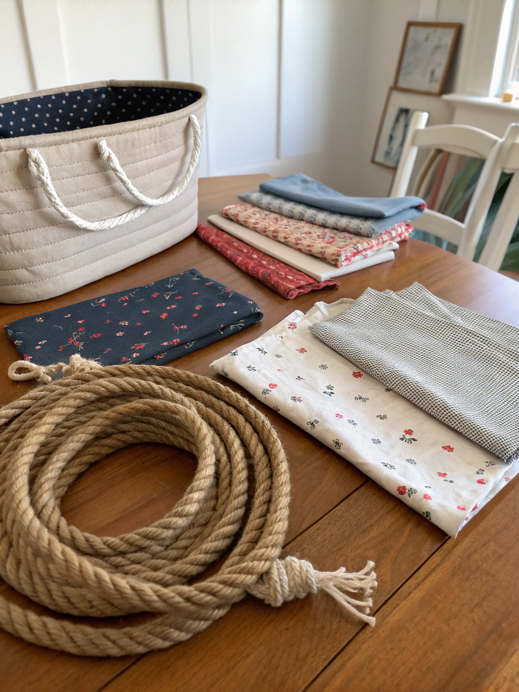 Materials and tools needed for the DIY rope basket from old clothes project, laid out neatly.