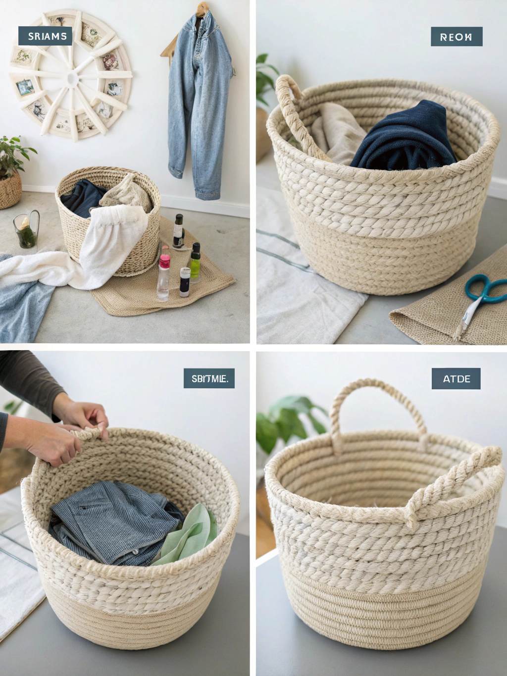Step 1: Cutting old t-shirts into fabric strips for the DIY rope basket from old clothes project.