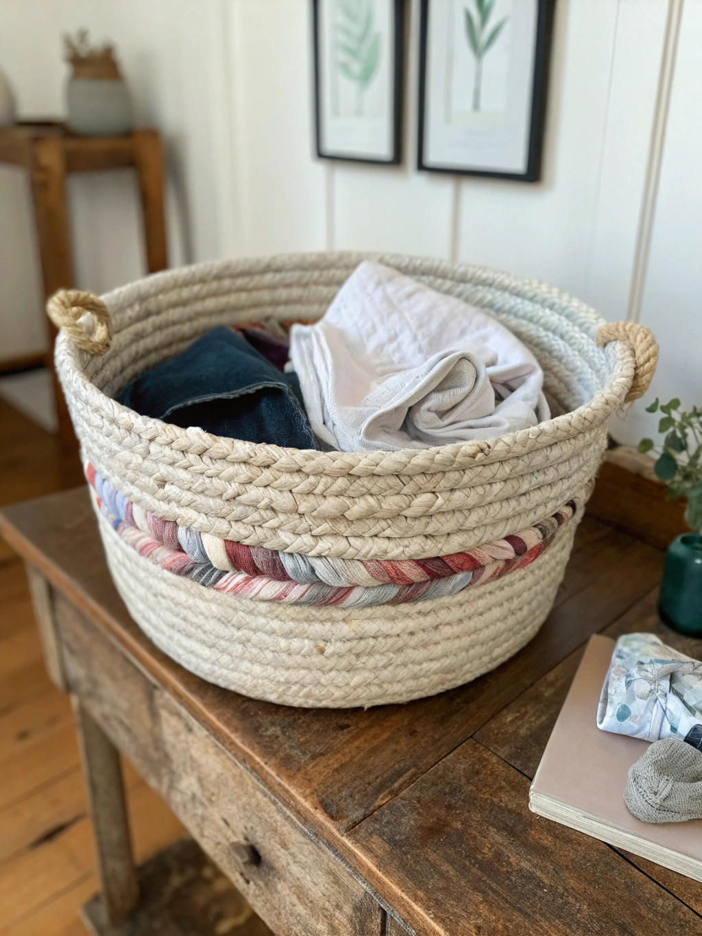 A beautifully finished DIY rope basket made from old clothes, showcasing its texture and style.