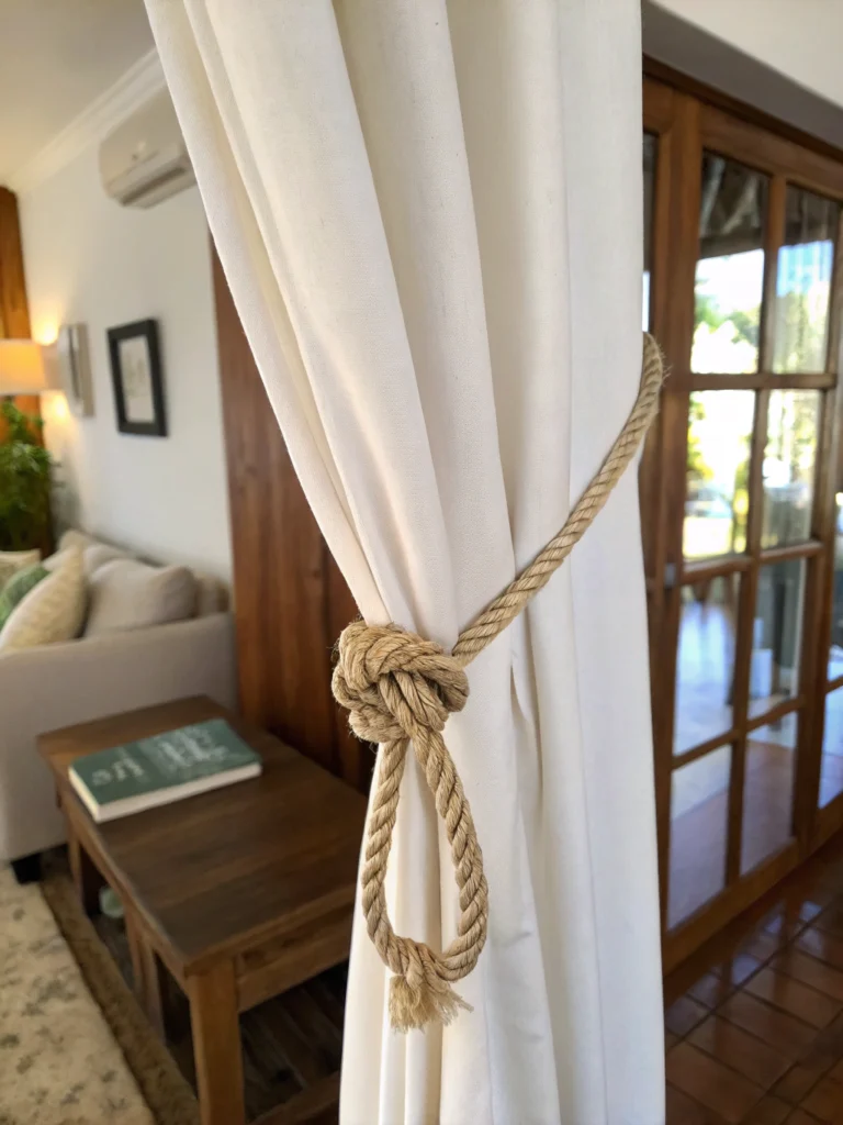 Step-by-step DIY rope curtain tiebacks guide with crafting tools on a table.