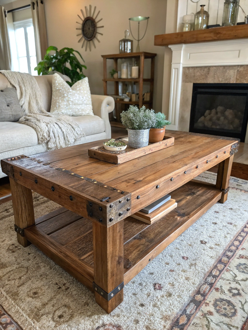 How to Craft a DIY Rustic Coffee Table: 5 Easy Steps 4 The final DIY rustic coffee table, beautifully styled in a living room with a vase of flowers, a stack of books, and a coffee mug on top.