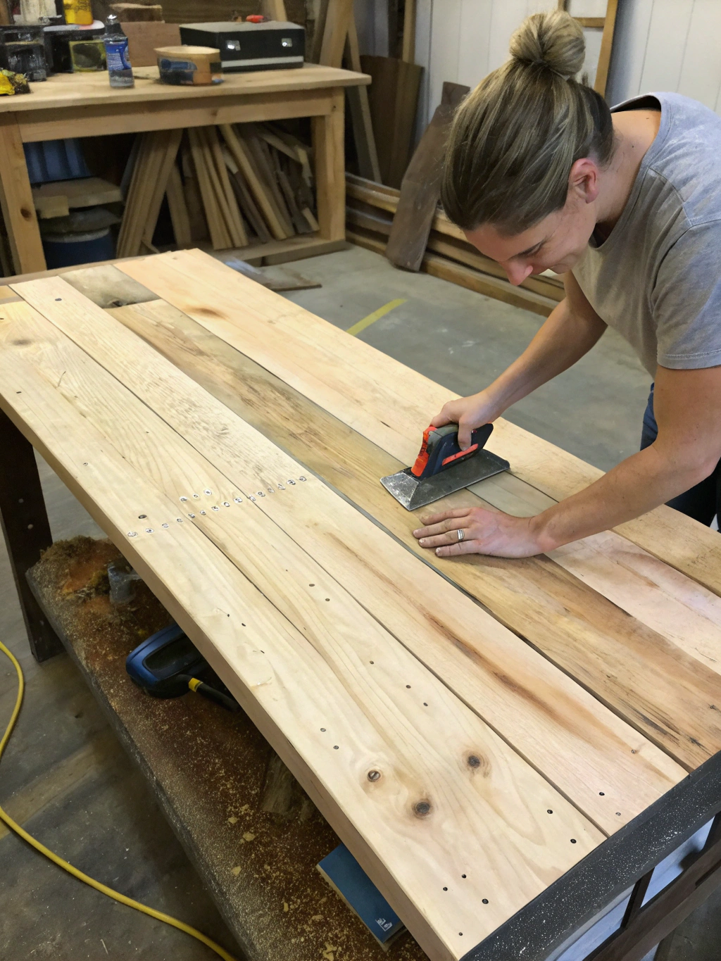 How to Craft a DIY Rustic Coffee Table: 5 Easy Steps 3 A person carefully measuring a wooden plank with a tape measure before making a cut with a miter saw.
