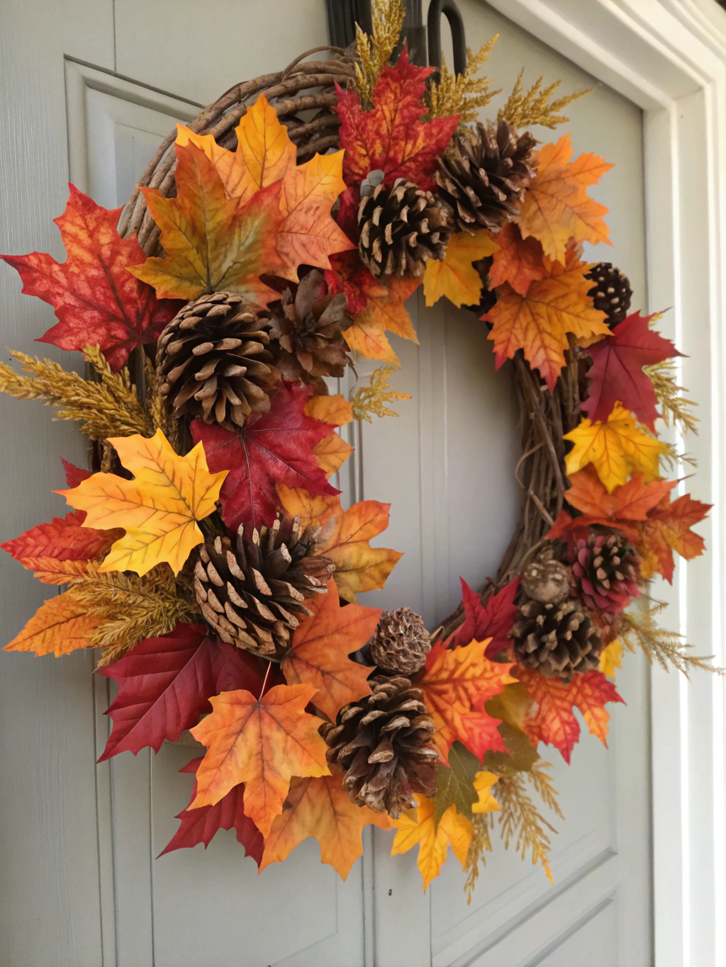 The stunning final result of a completed DIY seasonal wreath, ready to be displayed.