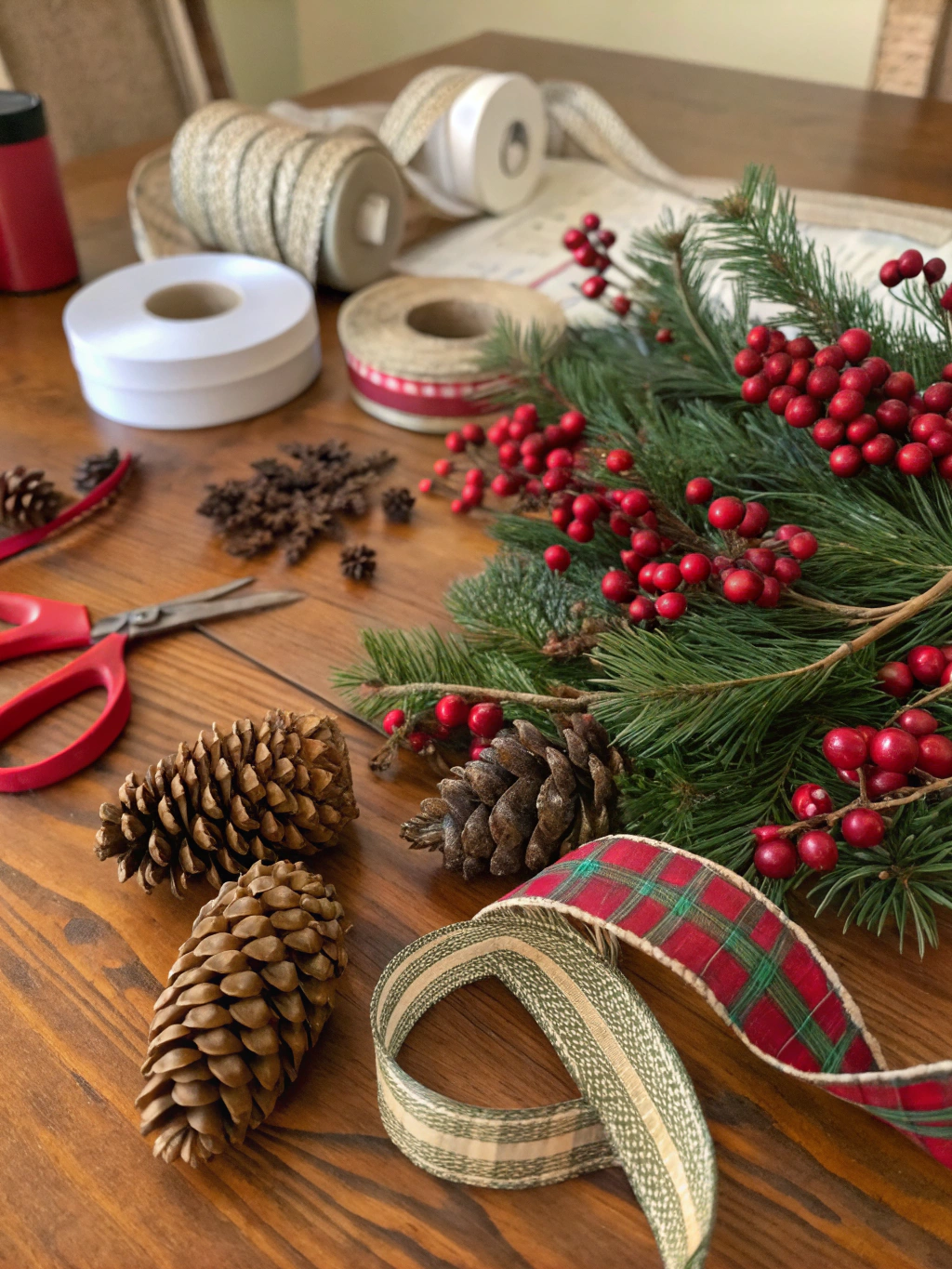 Assortment of materials for a DIY seasonal wreath, including a wreath base, floral wire, ribbons, and seasonal decorations.