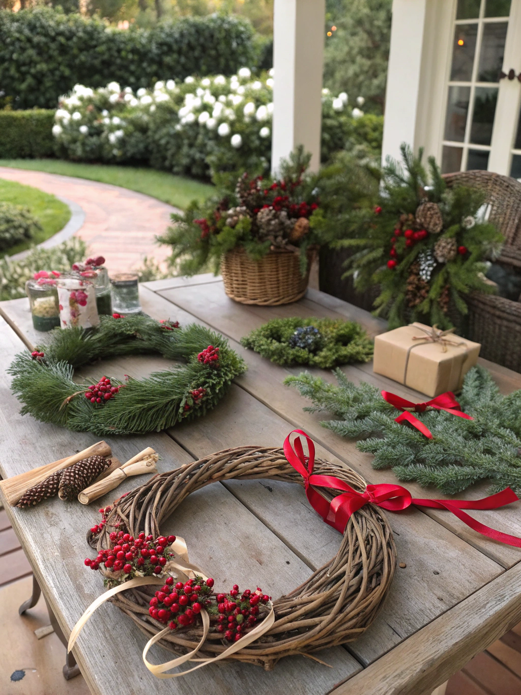 Step 1 of DIY seasonal wreath: Preparing the wreath base and attaching initial greenery.
