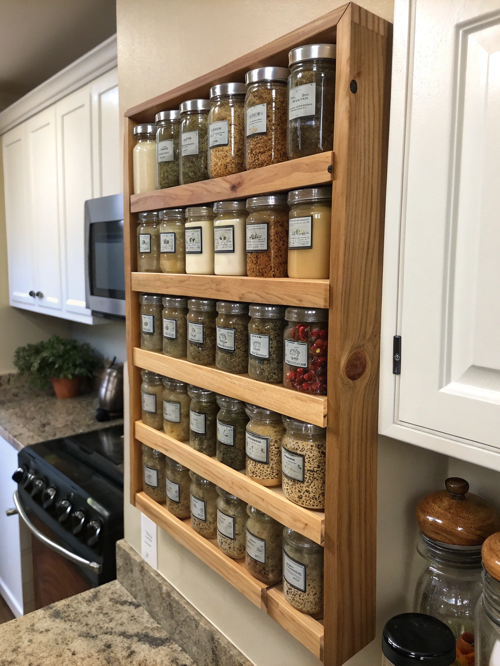 DIY Spice Rack Wall: 7 Best Ways to Organize Your Spices! 4 DIY spice rack wall with labeled jars neatly organized, showcasing creative spice storage ideas for kitchen efficiency.