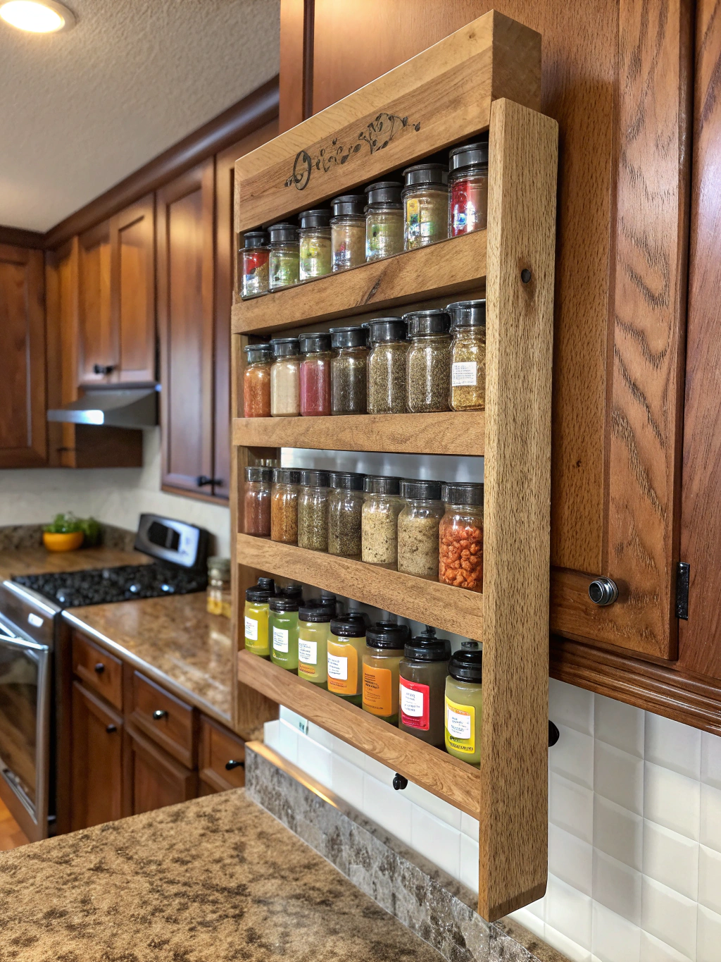 DIY Spice Rack Wall: 7 Best Ways to Organize Your Spices! 1 DIY spice rack wall with labeled jars neatly organized, showcasing creative spice storage ideas for kitchen efficiency.