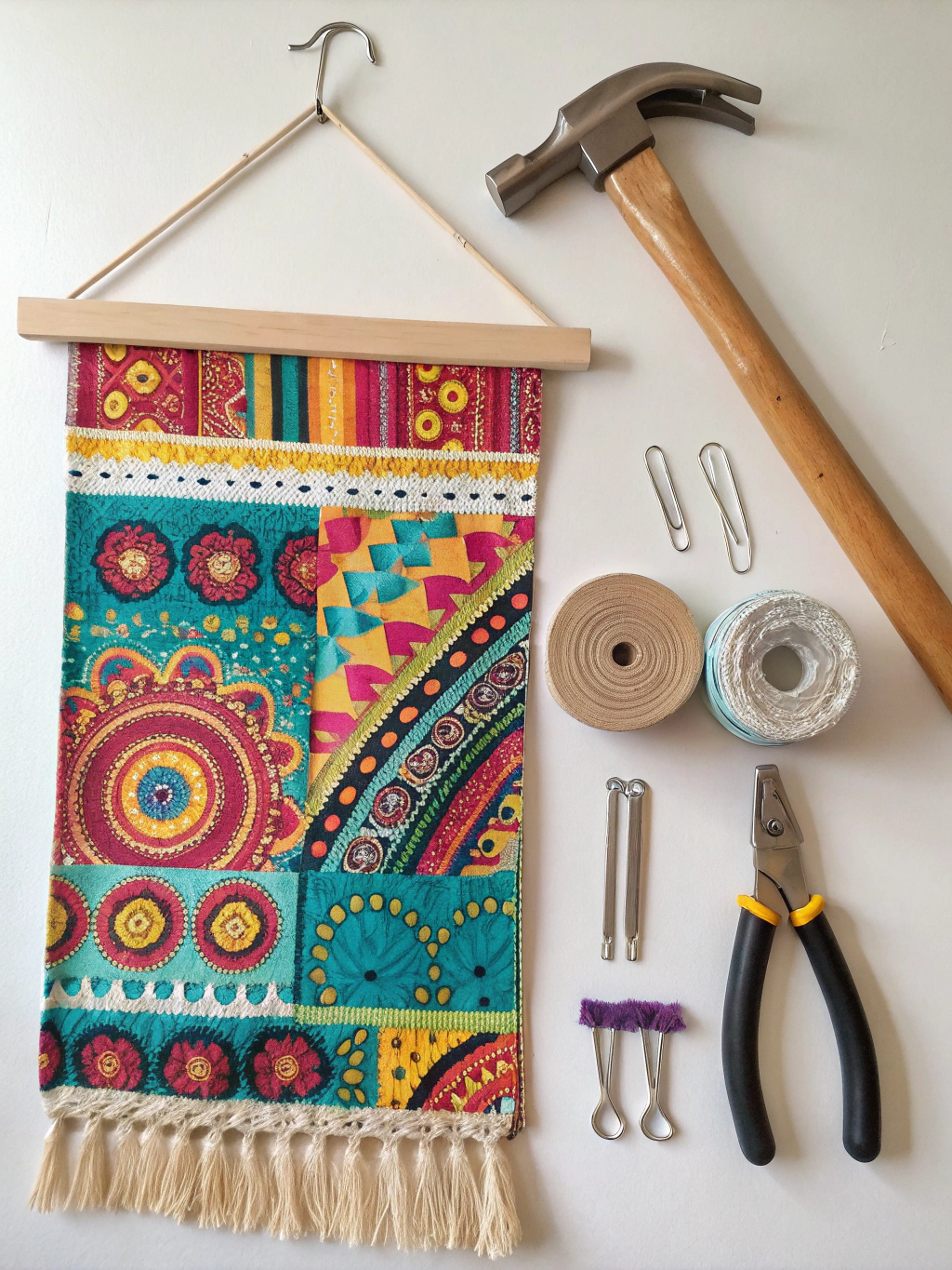 How to Master DIY Tapestry Hanging: 5 Simple Steps 2 Essential tools and materials for DIY tapestry hanging laid out on a surface.