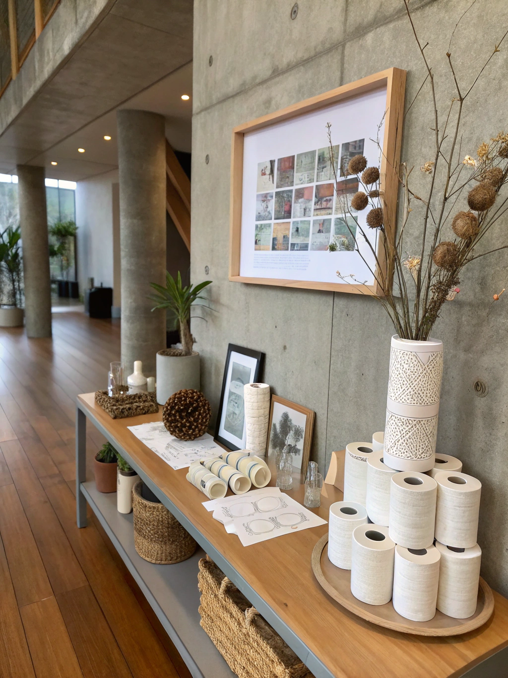 A stunning final display of various completed DIY toilet paper roll crafts for adults, showcasing wall art, gift boxes, and napkin rings.