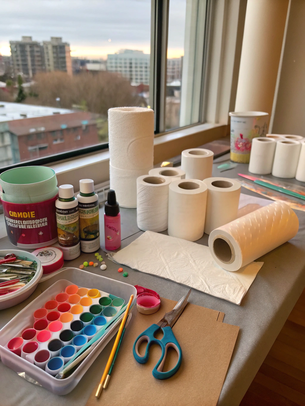 A collection of craft supplies including toilet paper rolls, scissors, glue, paint, and decorative paper arranged neatly on a wooden table.