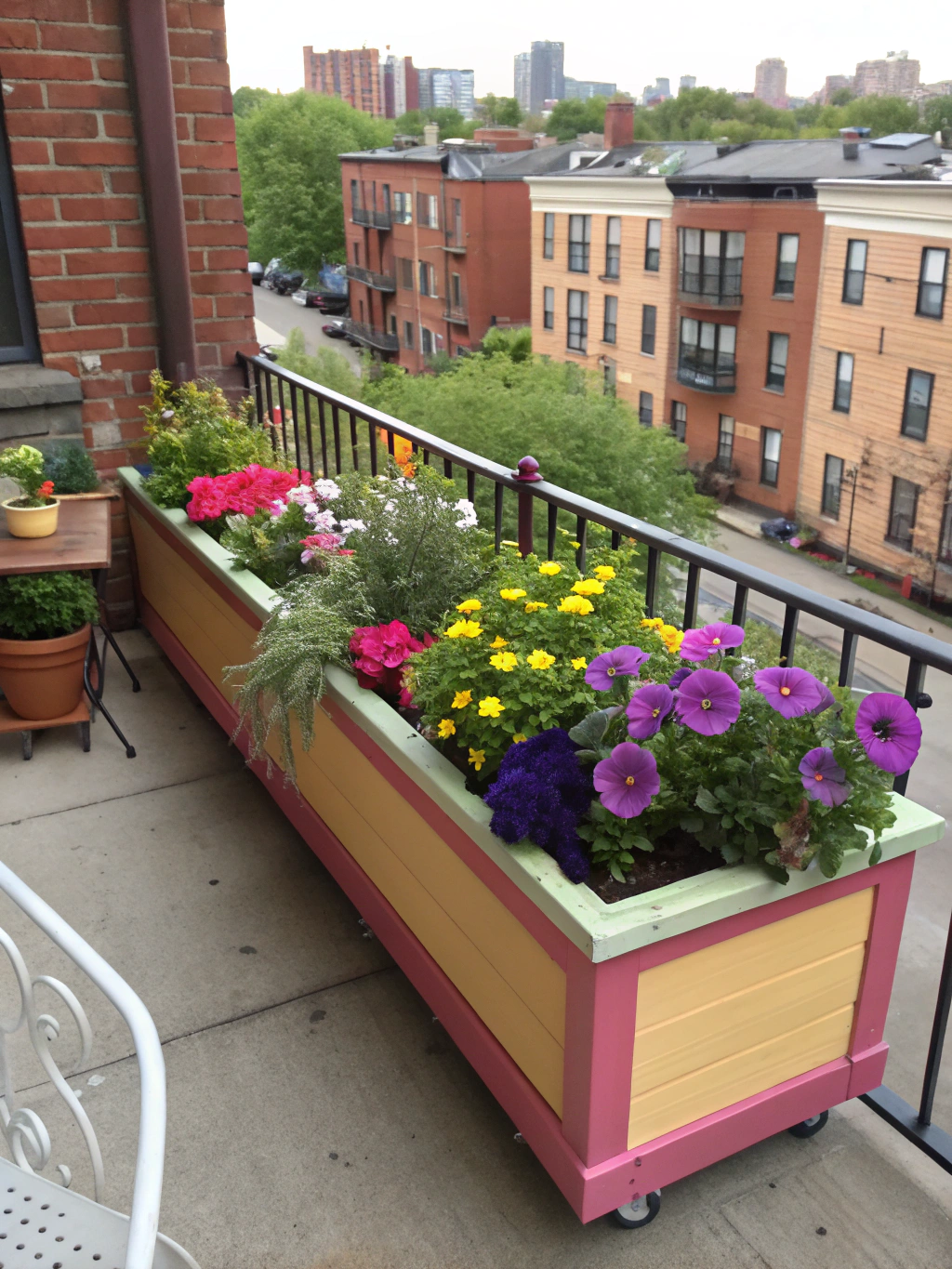 A stunning, fully planted DIY window box planter, overflowing with vibrant flowers and greenery, proudly displayed on a balcony.