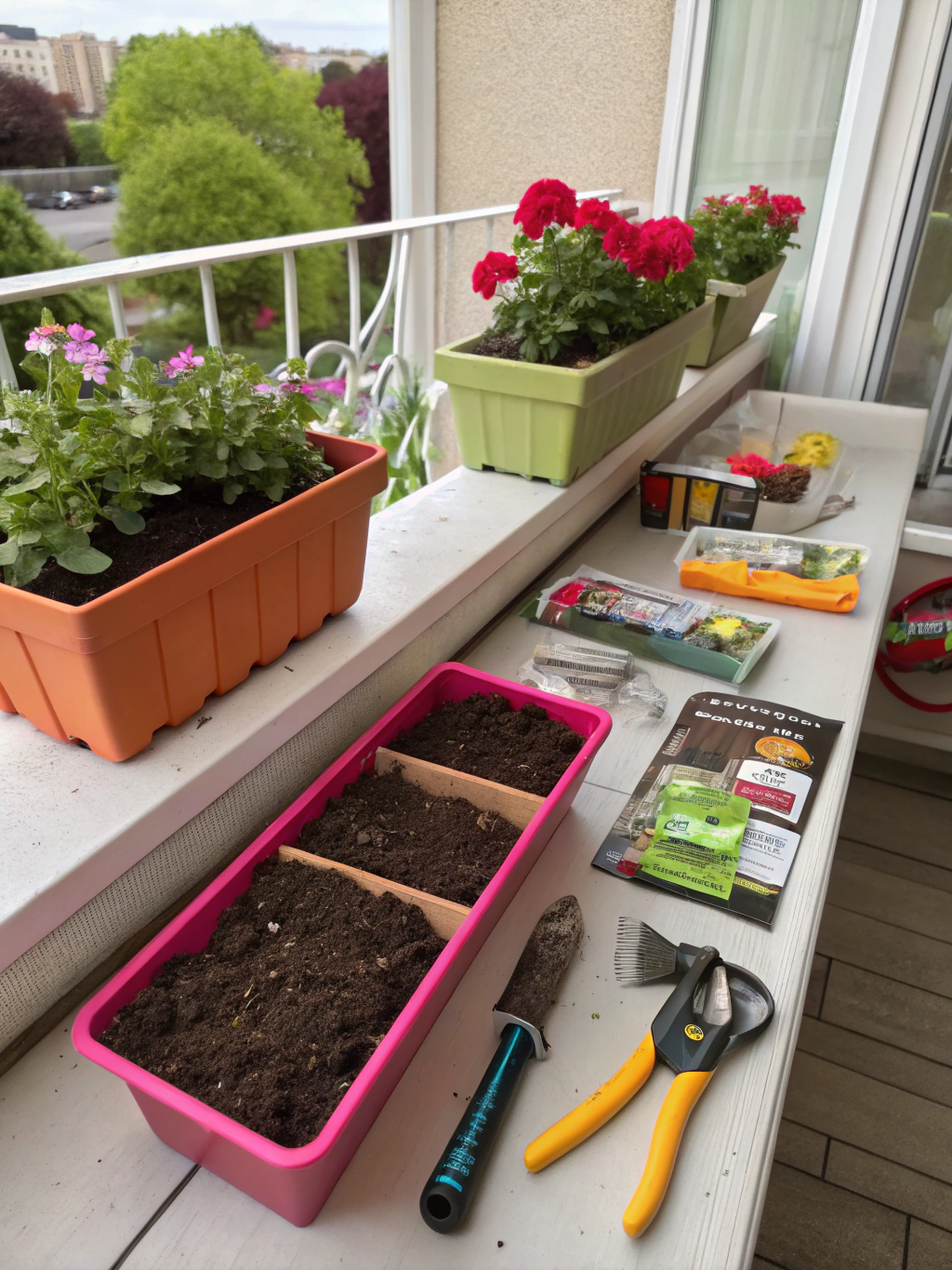 An organized flat lay of materials and tools needed for a DIY window box planter project, including wood planks, screws, drill, saw, measuring tape, and safety goggles.