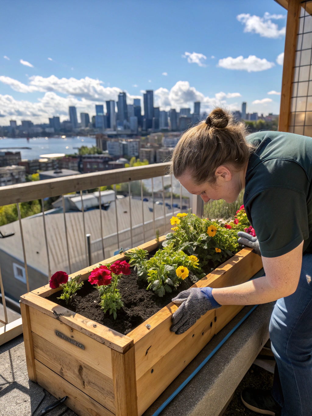A close-up shot of hands assembling the wooden pieces of a DIY window box planter using a drill and screws.