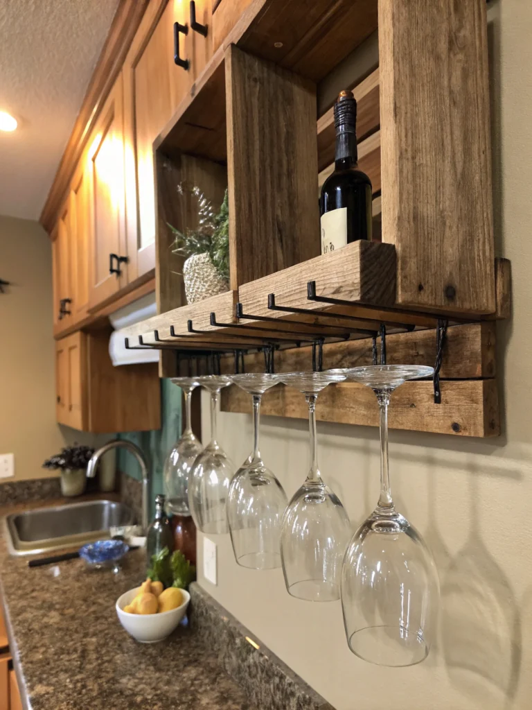 DIY wine glass rack displayed with rustic wooden materials in a cozy kitchen setting.