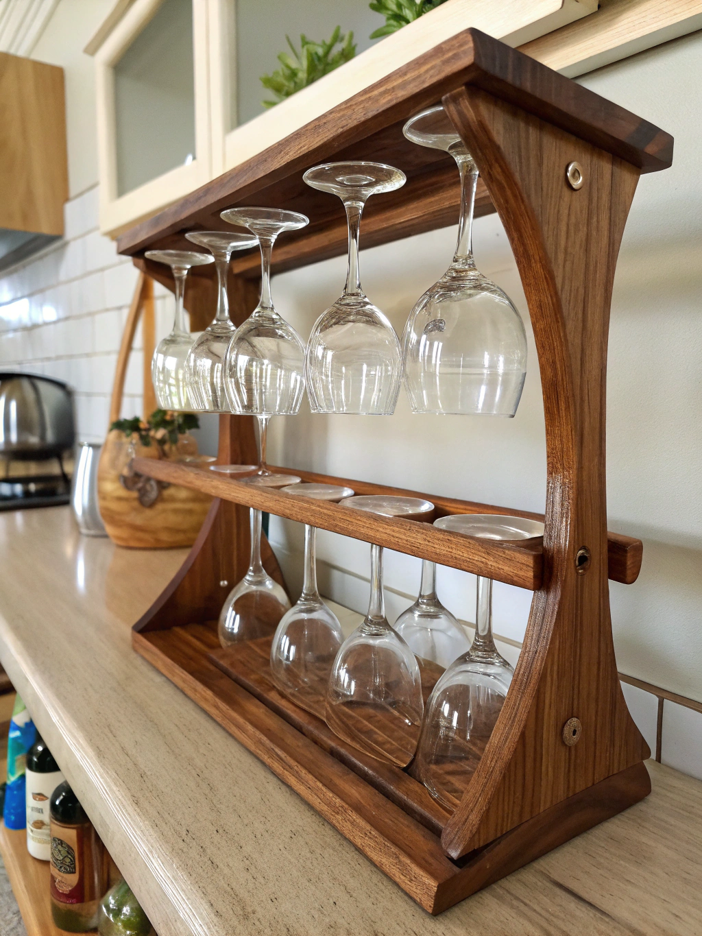 DIY wine glass rack displayed with rustic wooden materials in a cozy kitchen setting.